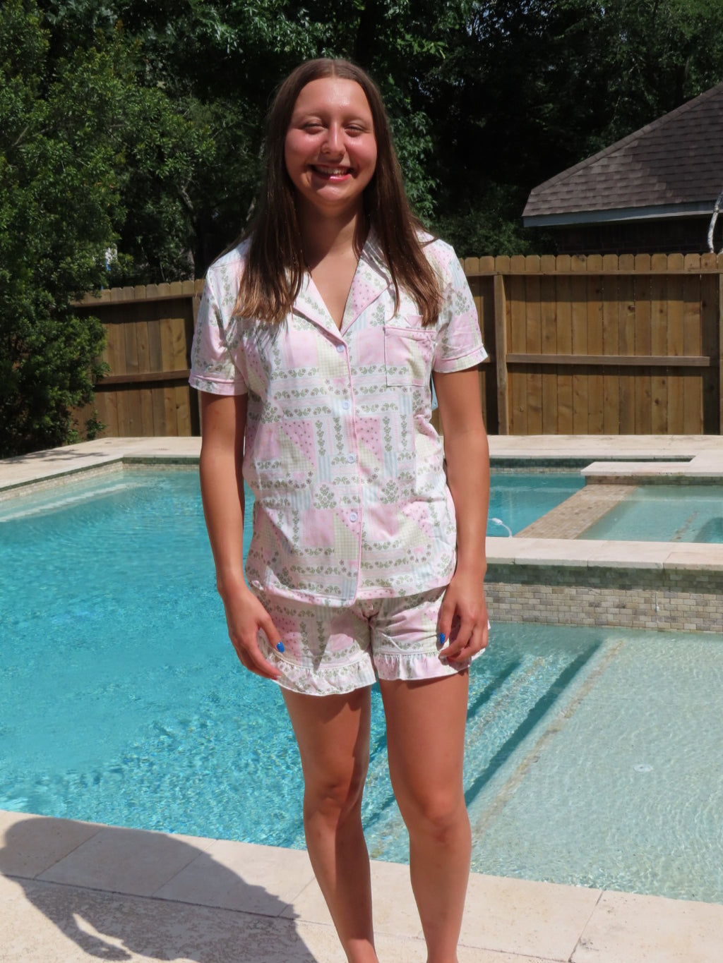Patchwork Ruffle Hem Shorts Pajama Set