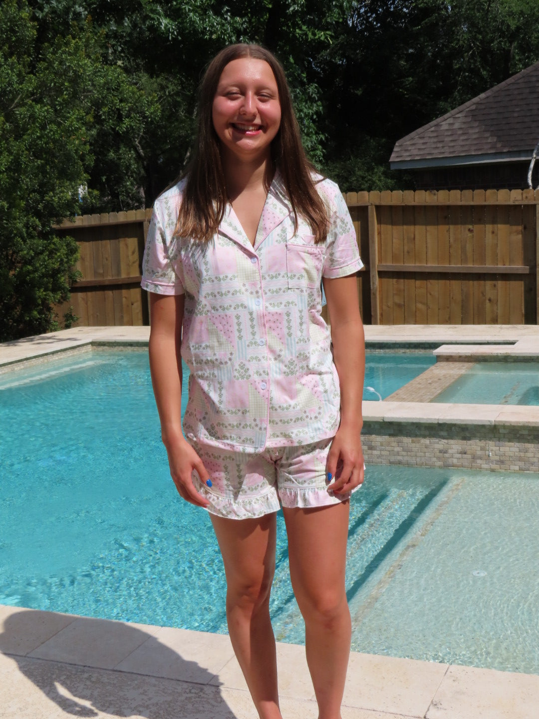 Patchwork Ruffle Hem Shorts Pajama Set