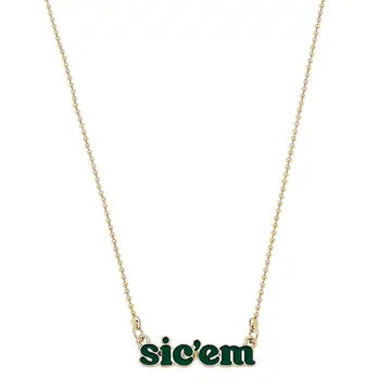 Necklace with 'sic'em' pendant that is green with a gold outline on a white background