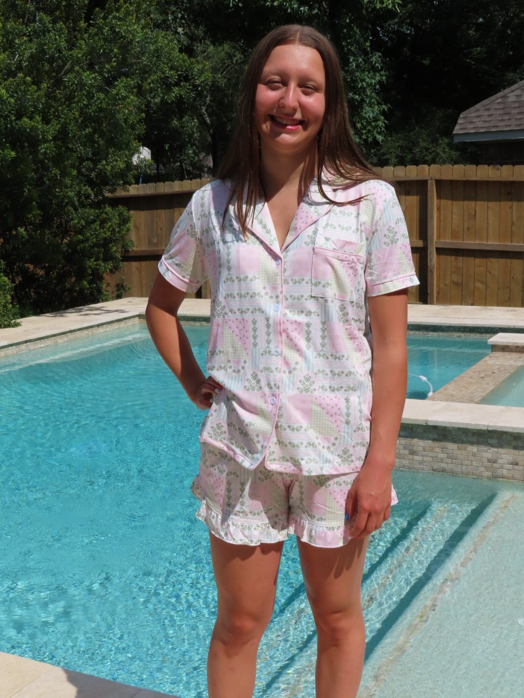Patchwork Ruffle Hem Shorts Pajama Set