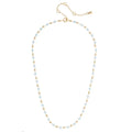 Delicate necklace with small beads alternating light blue to gold pattern on a white background.