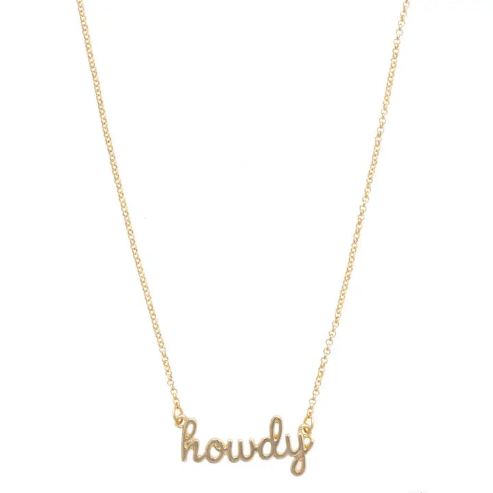 Gold necklace with 'howdy' pendant on a white background