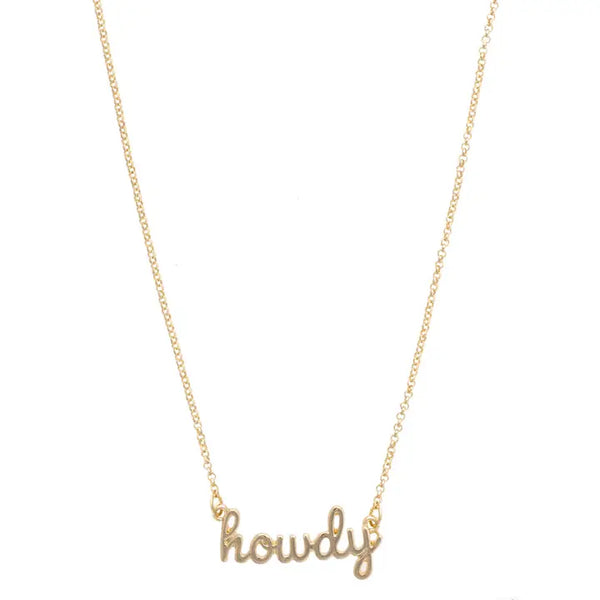 Gold necklace with 'howdy' pendant on a white background